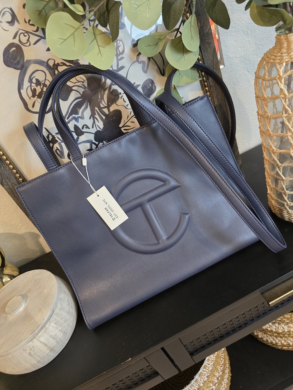 Telfar Navy Leather Shopper Tote with Embossed Logo